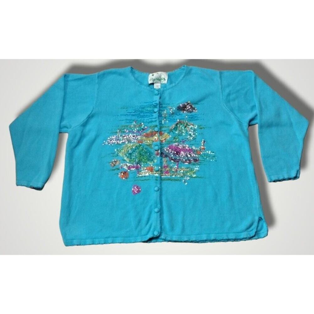 Quacker Factory Sequined Beach Motif Cardigan Blu… - image 1